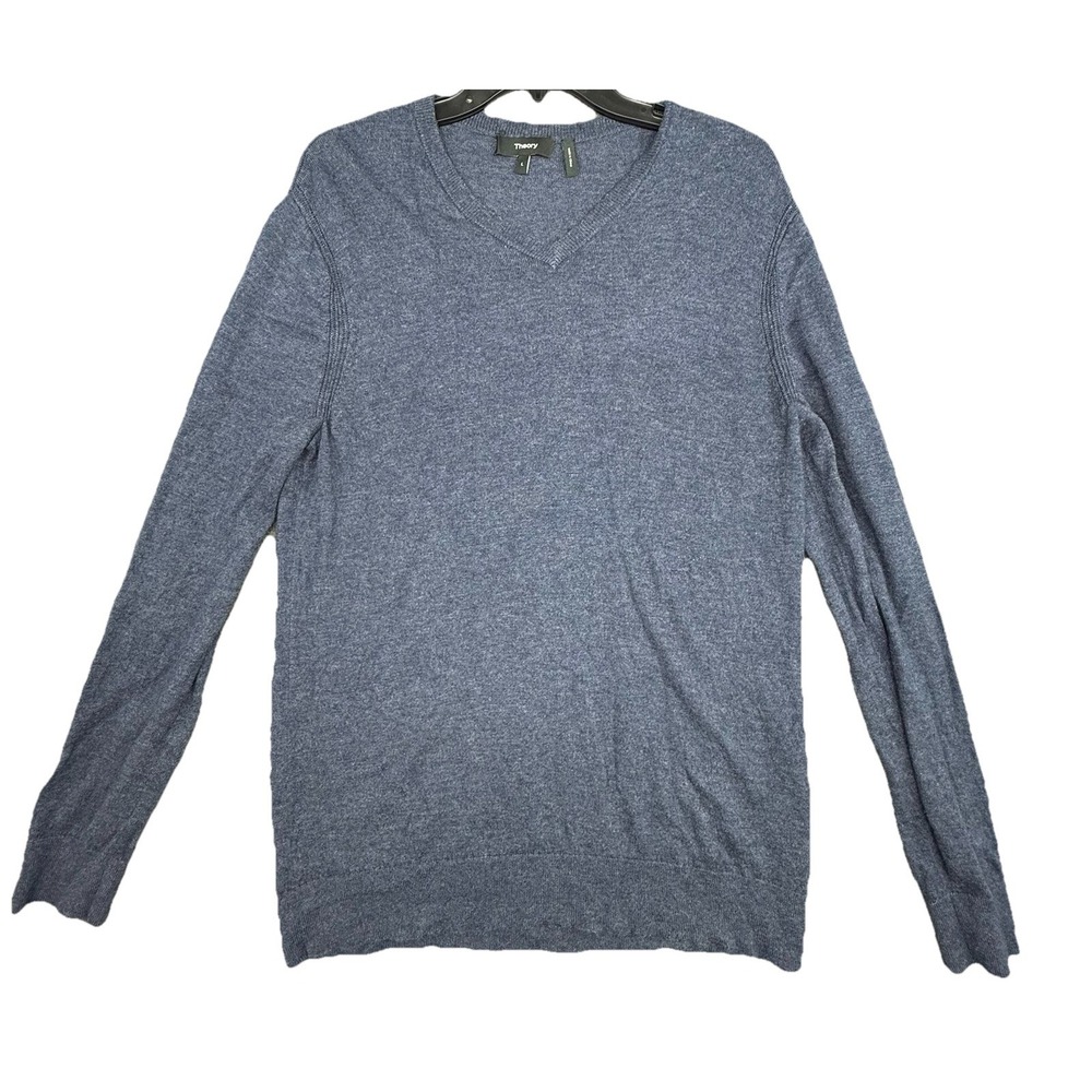 Theory Riland V-Neck‎ Sweater in Merino Wool Blue Large